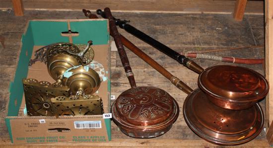 Two copper warming pans with turned wood handles (one fruitwood), 4 various brass trivets & brass square chestnut roaster etc